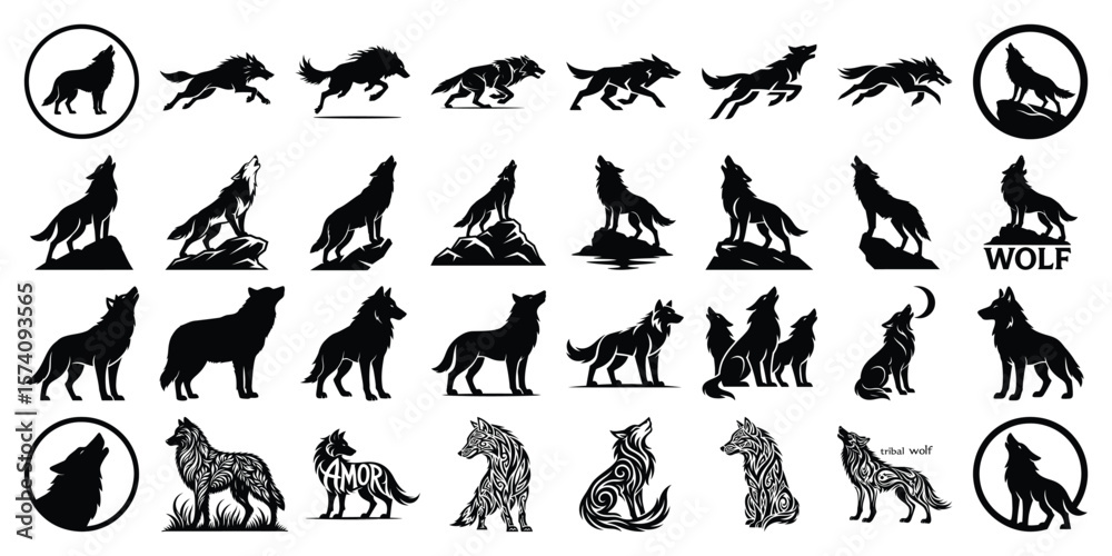 Fototapeta premium Wolf run, Howling wolf, Tribal Wolf, Abstract Wolf logo silhouette vector wild animal clipart