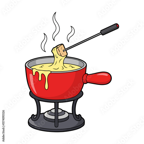 Fondue pot with melted cheese skewer, a little steam on top, symbol of Swiss National Day. Vector flat design cartoon. AI generated images.