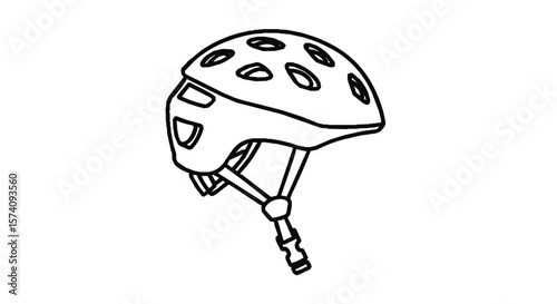 Line drawing of a bicycle helmet with vents and adjustable straps.