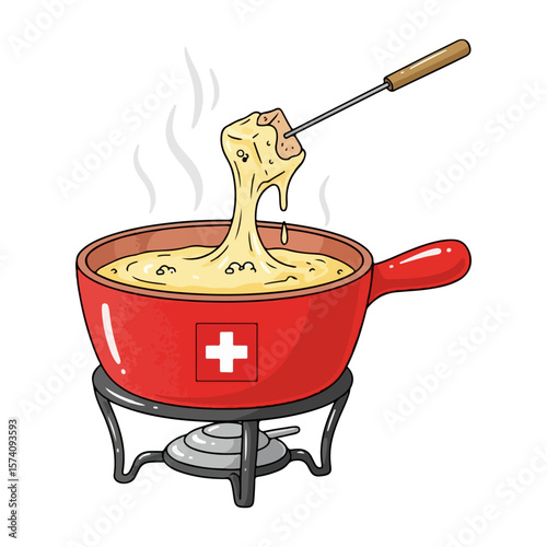 Fondue pot with melted cheese skewer, a little steam on top, symbol of Swiss National Day. Vector flat design cartoon. AI generated images.