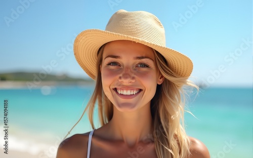 Happy woman wearing straw hat at summer beach. High quality