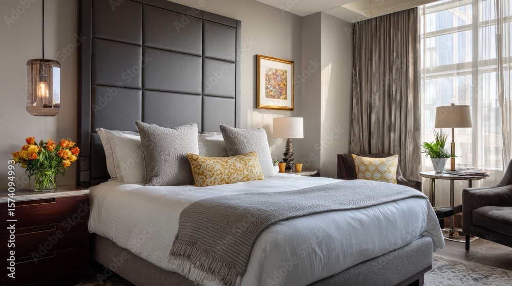 Fototapeta premium A stylish luxury bedroom featuring a beautifully made king-sized bed with soft linens, a designer headboard, and luxurious touches throughout the room