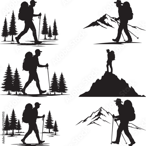 Backpackers hiking climbing mountains trees silhouettes set