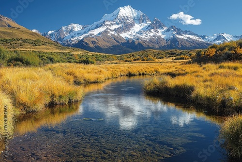 Scenic landscape featuring snowy mountains, flowing river, and golden grasslands