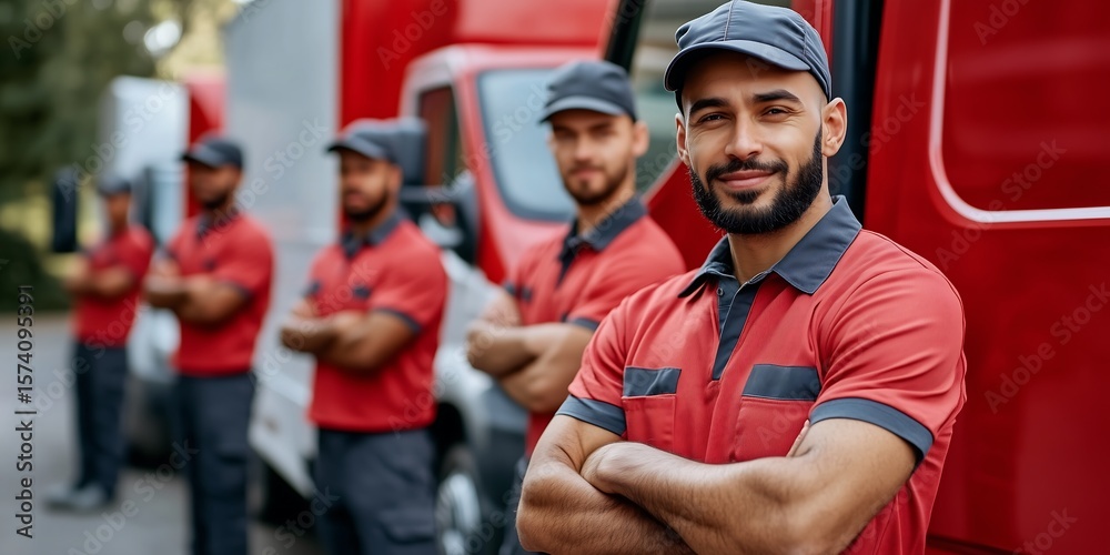 Fototapeta premium Smiling South Asian male delivery driver with team, ready for work in front of trucks.