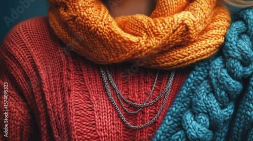 A close up of a woman wearing a scarf and a necklace sale discount concept