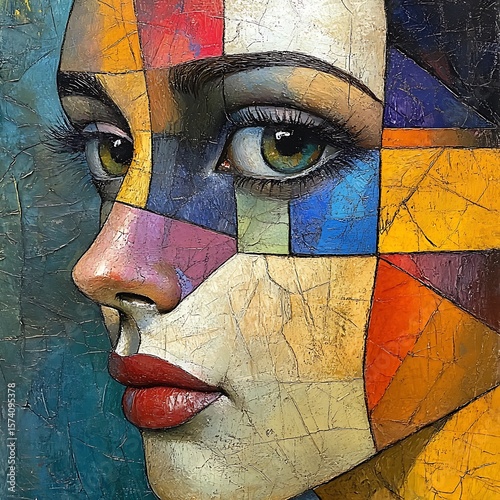 Artistic abstract portrait of a woman with geometric colorful segments detailed photo design