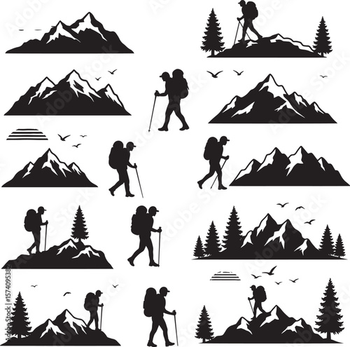 Backpackers hiking mountains trees sun birds silhouettes set 