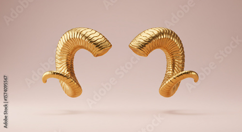 Golden ram horns floating on a pastel background. Minimalist luxury concept for the Aries zodiac sign, representing power, mythology, and strength. Abstract astrological symbol with copy space.