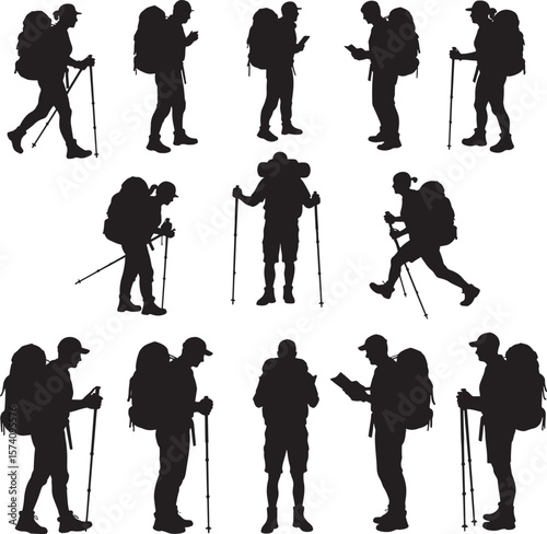 Backpackers hiking trekkers climbing walking men women silhouettes