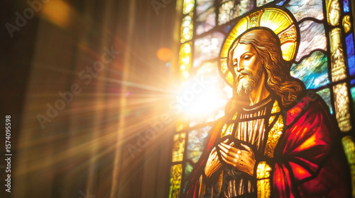A medium close-up of a stained-glass window in a Gothic cathedral showing Christ embracing the world, golden sunlight beaming through