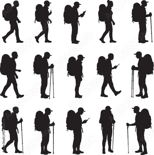 Backpackers hiking trekkers walking men women silhouettes with poles