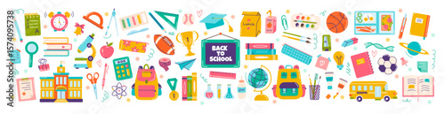 Big set of school supplies. Back to school. Childrens cute stationery subjects. Vector flat illustration in hand drawn style