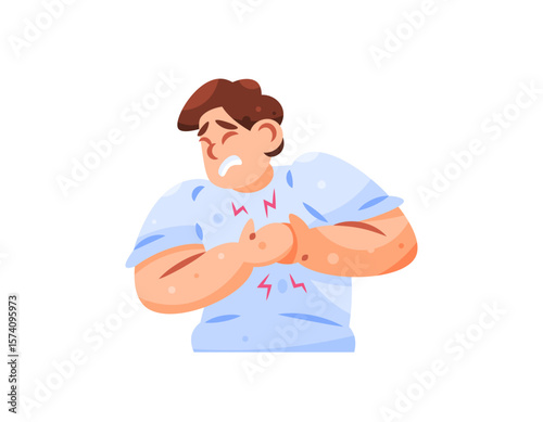 Illustration of a man with chest pain. Feeling chest pain. Symptoms of a heart attack, GERD, muscle or lung problems. Health problems. Gestures and expressions. Flat style character design