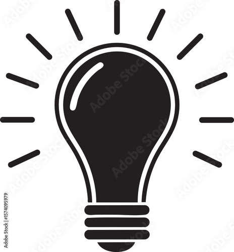 Black light bulb icon with radiating lines isolated on transparent background