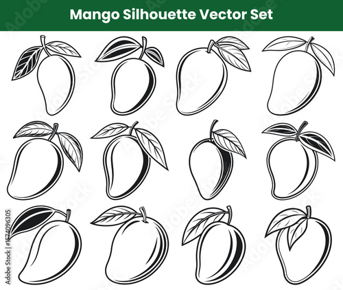 Black and White Mango Silhouette Set with Leaves for Design Projects