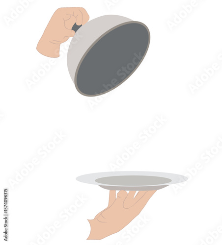 hand holding a dish cover. A stainless steel cloche with a paper postcard.  Open Metal food cloche, 
