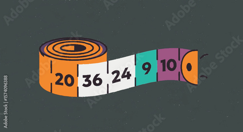 A rolled up measuring tape with various colored sections and numbers.