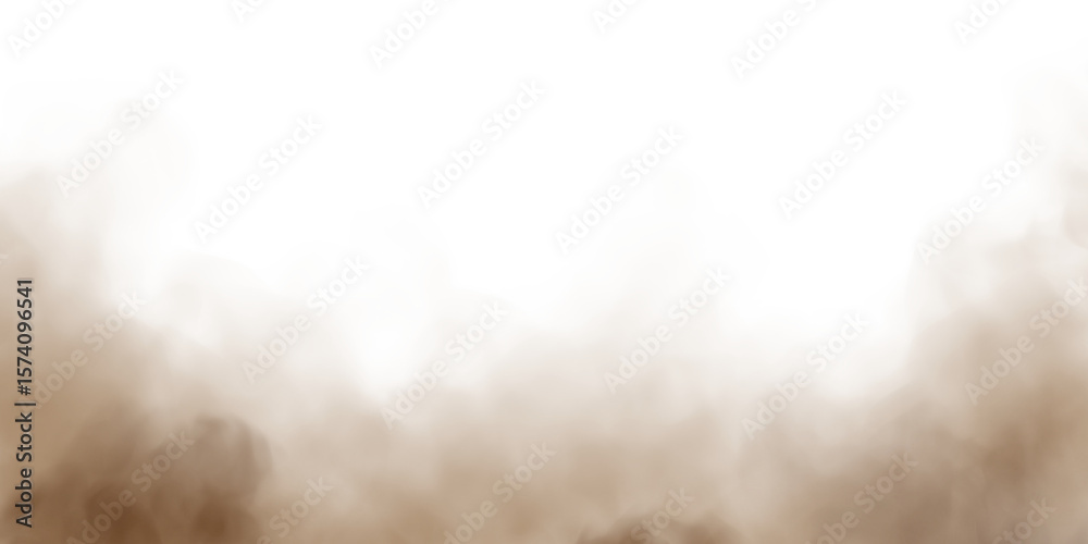 Obraz premium Brown dust sand soil smoke cloud particles isolated on a transparent white background. Sandstorm effect, smog, dust explosion rising, Smoke fog overlay effect. Blurred soil dust design element.