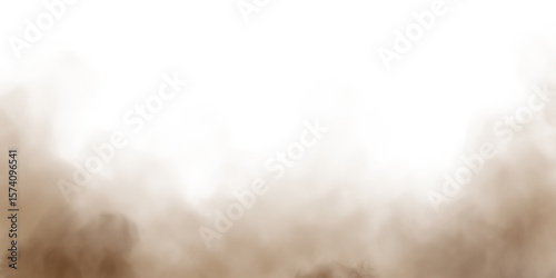Brown dust sand soil smoke cloud particles isolated on a transparent white background. Sandstorm effect, smog, dust explosion rising, Smoke fog overlay effect. Blurred soil dust design element.