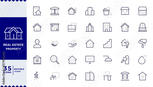 Real Estate Duotone outline icons with editable stroke collection. Includes House, Villa, Mortgage, Realtor, Amenities,