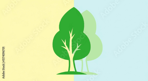 Two stylized trees with green foliage and trunks against a split background.