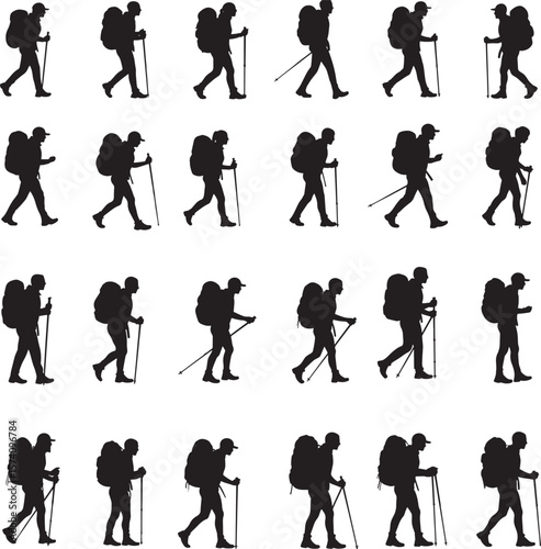 Backpackers hiking trekking walking men women with sticks silhouettes 