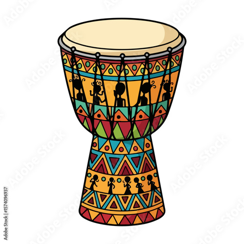 Small drum with Yoruba ethnic pattern, bright color details, symbol of Nigerian Sango festival. Vector flat design cartoon. AI generated images.