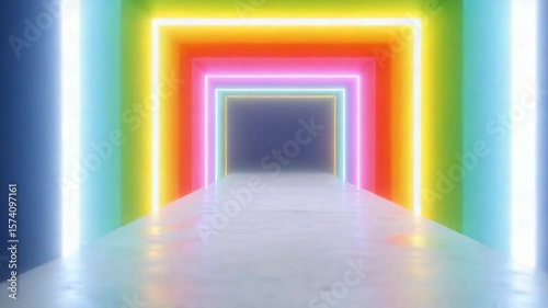 Neon tunnel of rainbow: A vibrant, photorealistic tunnel of rainbow-colored neon lights creating an inviting pathway. The scene evokes a sense of wonder and futuristic design.