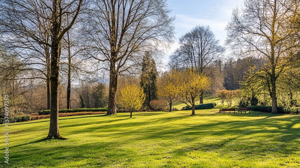 Obraz premium Sun-dappled park scene with vibrant green grass, leafless trees, and benches under a clear blue sky
