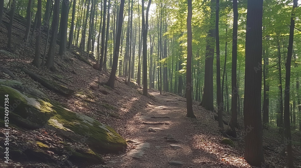 Obraz premium Sun-dappled path winds through a lush, verdant forest, sunlight filtering through tall trees onto mossy rocks and leaf-covered ground