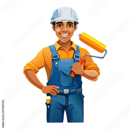 cartoon painter decorator woman holding a paint roller,  vector icon graphic design	
