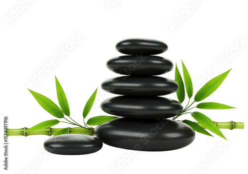 Isolated Stack of Black Spa Stones with Bamboo Leaves