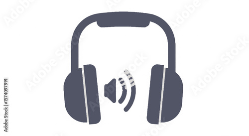 Gray headphones icon with sound wave graphic.
