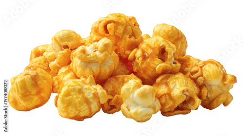 Crispy caramel popcorn, golden sweet glaze detail, isolated on transparent 