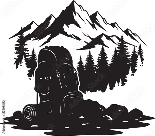 Camping hiking backpack mountain forest trees silhouette