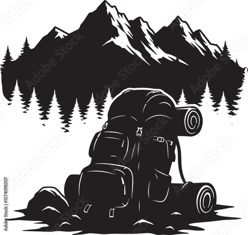 Camping hiking backpack mountain forest trees silhouette  