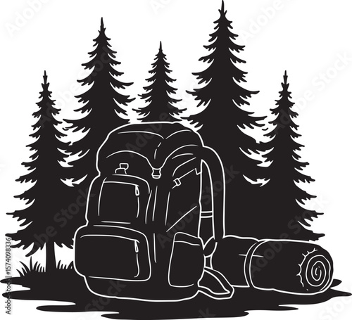 Camping hiking backpack sleeping bag mat trees silhouette 