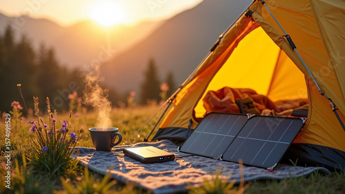 Ultra-realistic photo of a foldable solar panel charging a power bank outside a tent at sunrise, sunlit and clear, with negative space for text. Perfect for off-grid, sustainable outdoor living visual