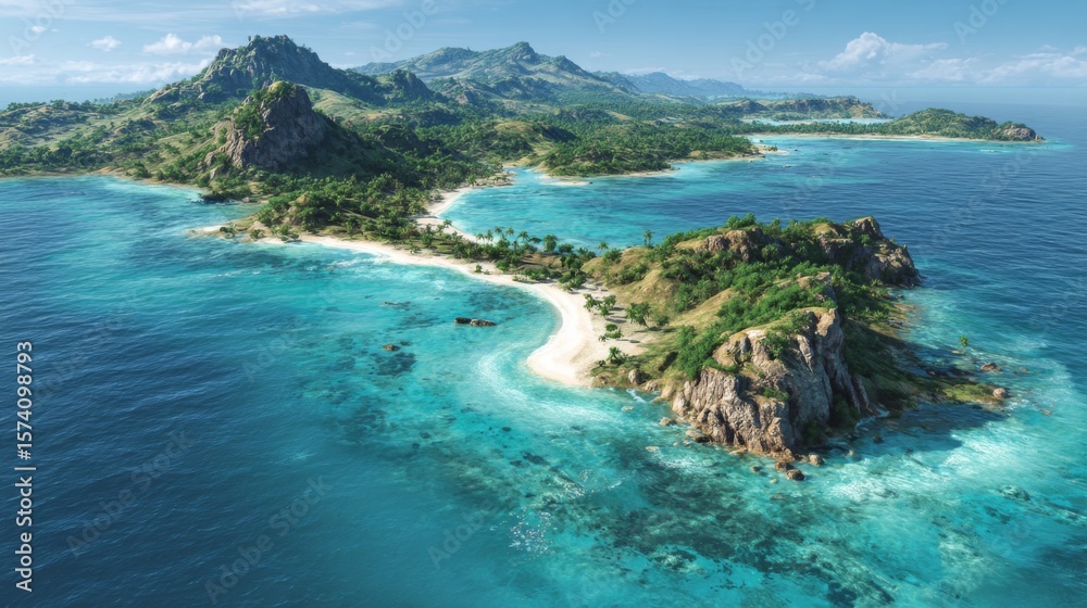 A tropical island paradise with clear blue waters, white sandy beaches, and lush green hills. A tropical island paradise with clear blue waters, white sandy beaches, and lush green hills.