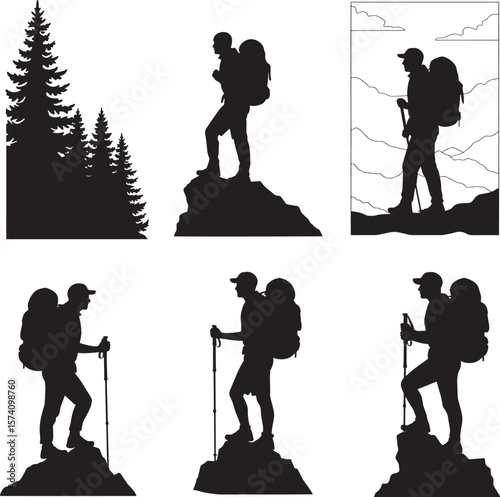 Collection of six black silhouettes featuring male hikers with backpacks and trekking poles in various outdoor settings including mountains and pine trees