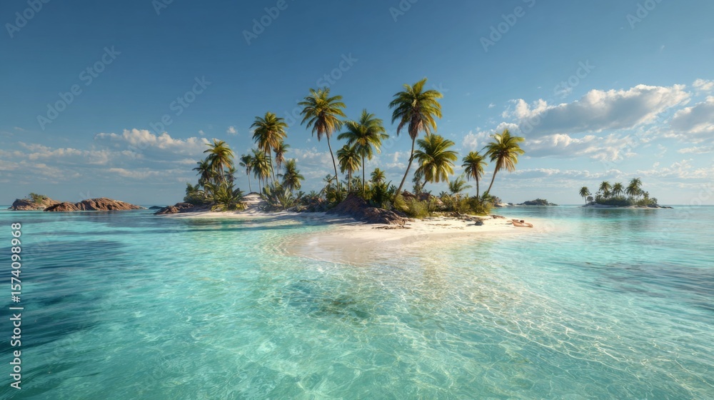 Naklejka premium A tropical island view with turquoise waters, white sand, and coconut trees.