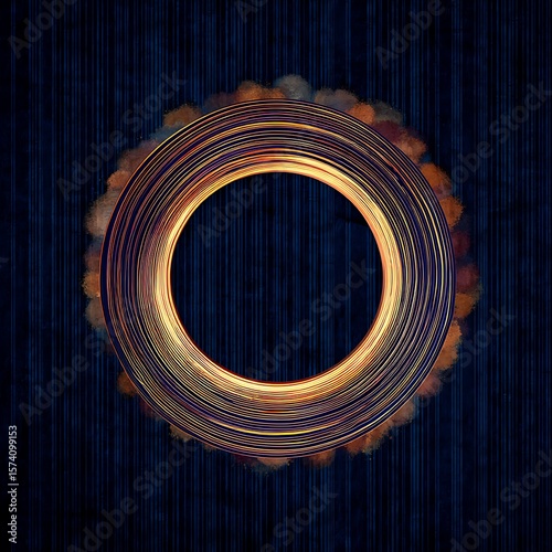 Circular glow art layered onto deep navy striped background.