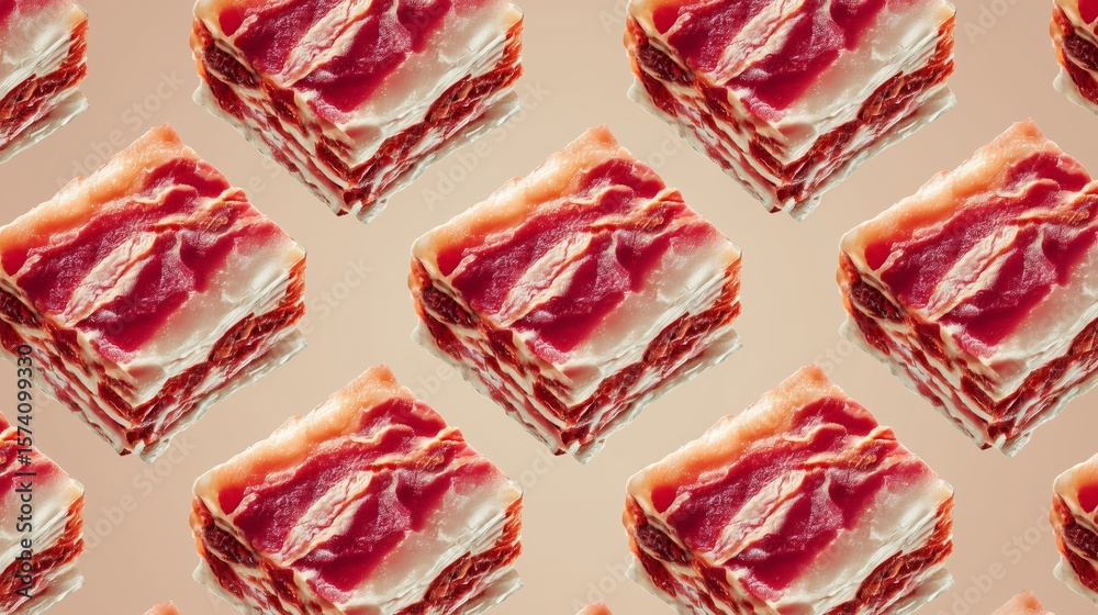 Obraz premium A fractal pattern of carcinogenic warning labels crafted from processed meat textures, forming an infinite loop.