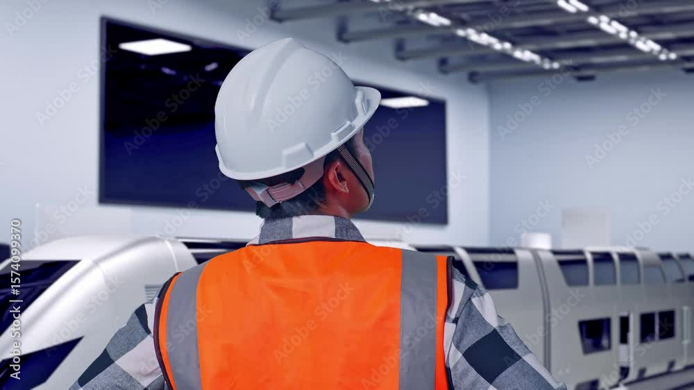 Close Up Back View Of A Male Engineer Wearing Safety Helmet Looking Around While Standing With Arms Akimbo, Futuristic High-Speed Train in a Modern Testing Facility