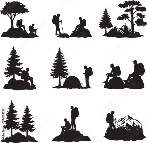Diverse outdoor adventure silhouettes featuring hikers camping and exploring nature