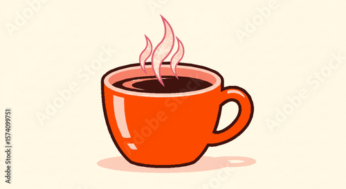 A vibrant orange coffee mug steaming with hot, freshly brewed beverage.