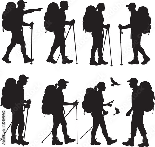 Eight hikers with backpacks and trekking poles silhouettes black and white