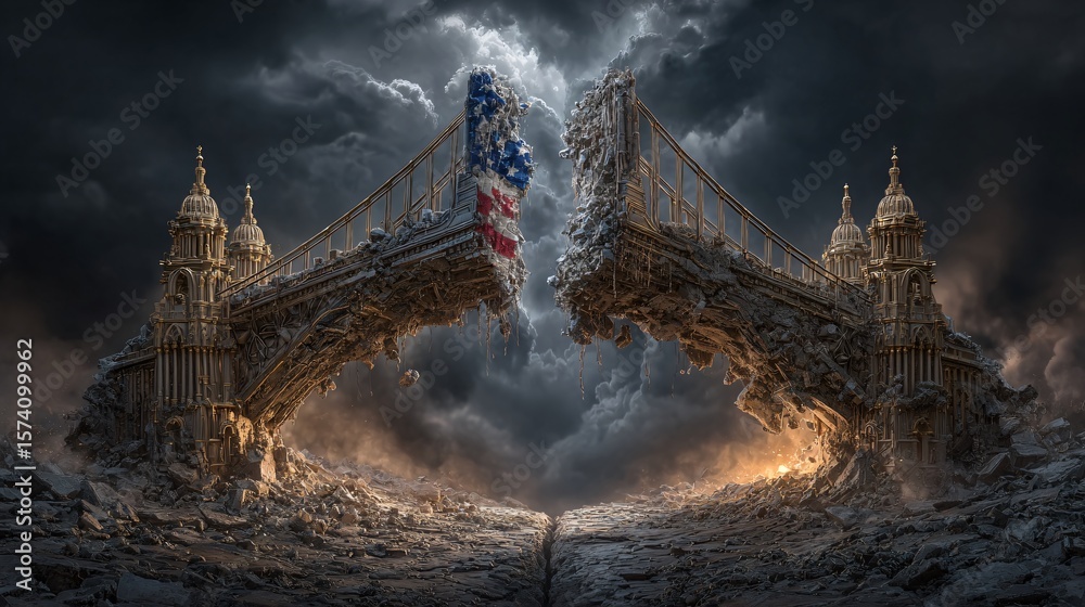 Fototapeta premium Surreal Bridge Destruction with American Flag in Dark Atmosphere