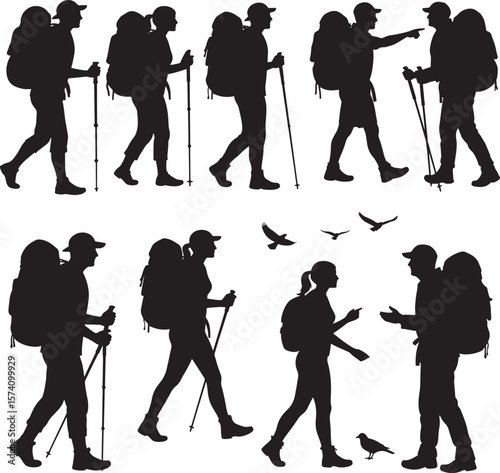 Eight hikers with backpacks and trekking poles silhouettes black and white  